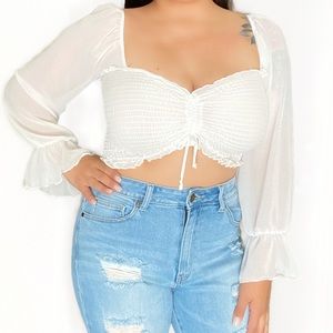 White Sheer Chiffon Long Sleeve Crop